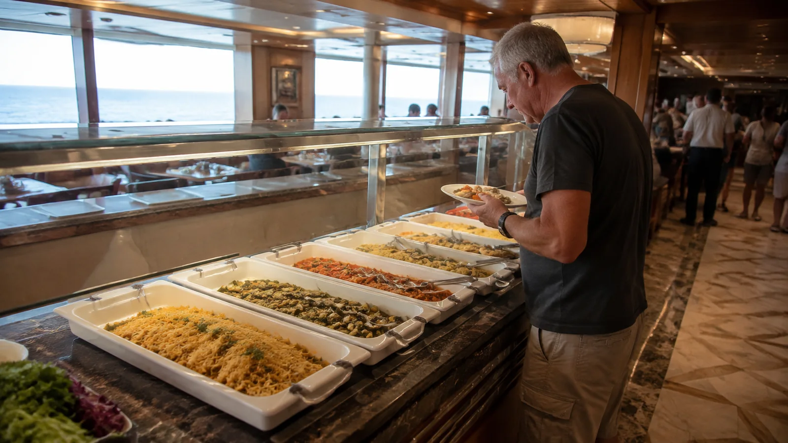 Man selecting food from a buffet while holding a plate.