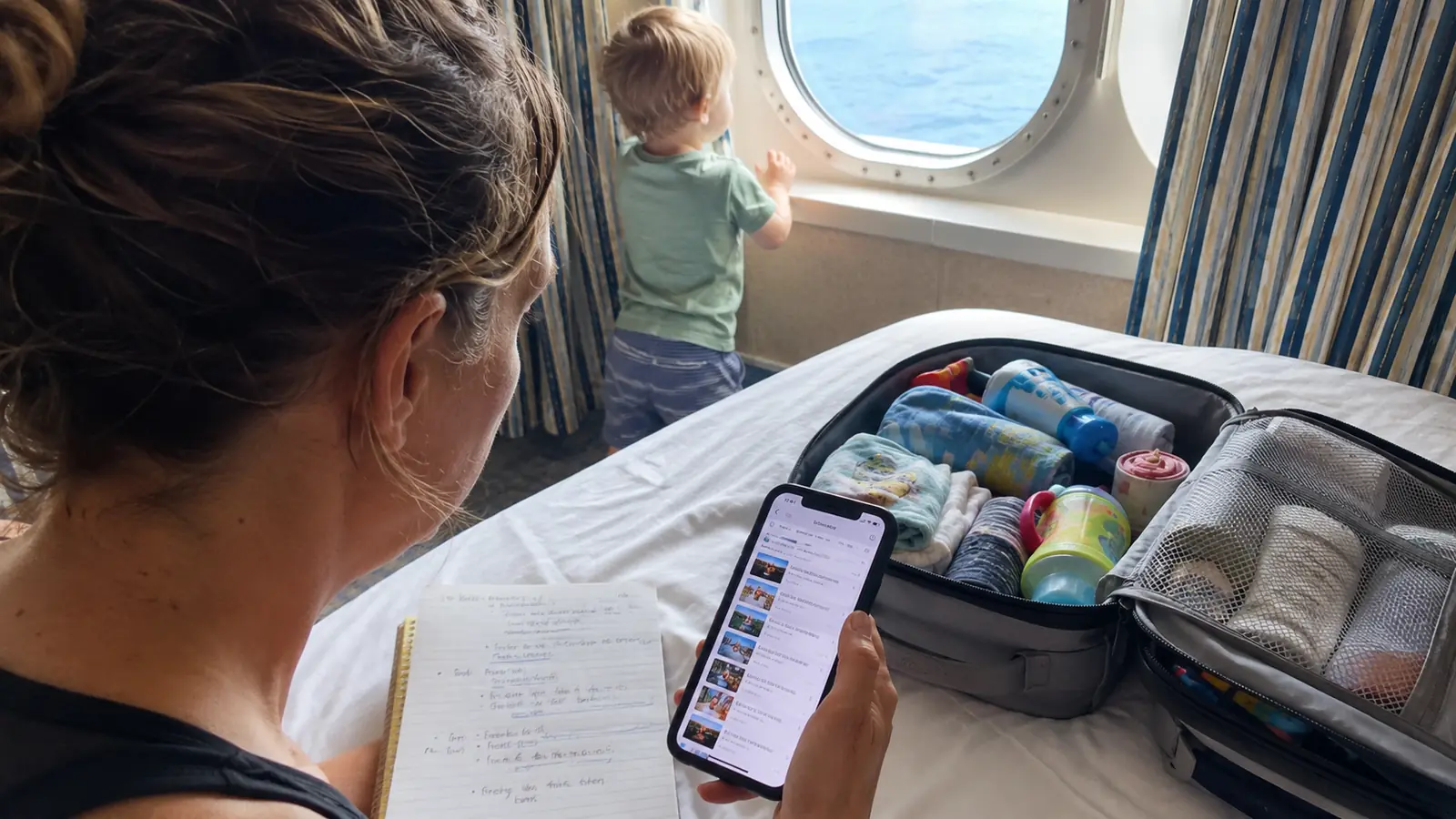 Woman checking her phone beside an open suitcase while a toddler looks out the window