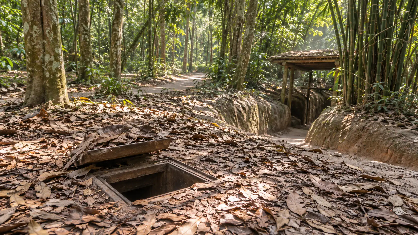A camouflaged open tunnel hatch and preserved trench beneath the forest canopy at the Cu Chi Tunnels.