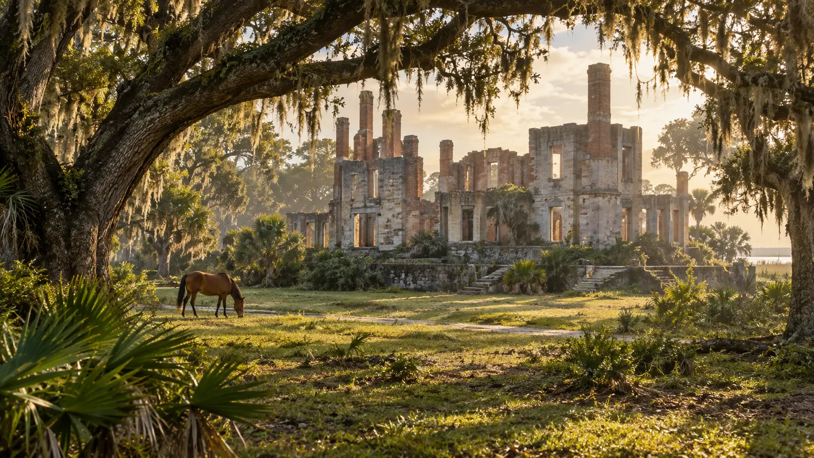 Wild horse grazing beneath live oaks at the Dungeness ruins on Cumberland Island, Georgia