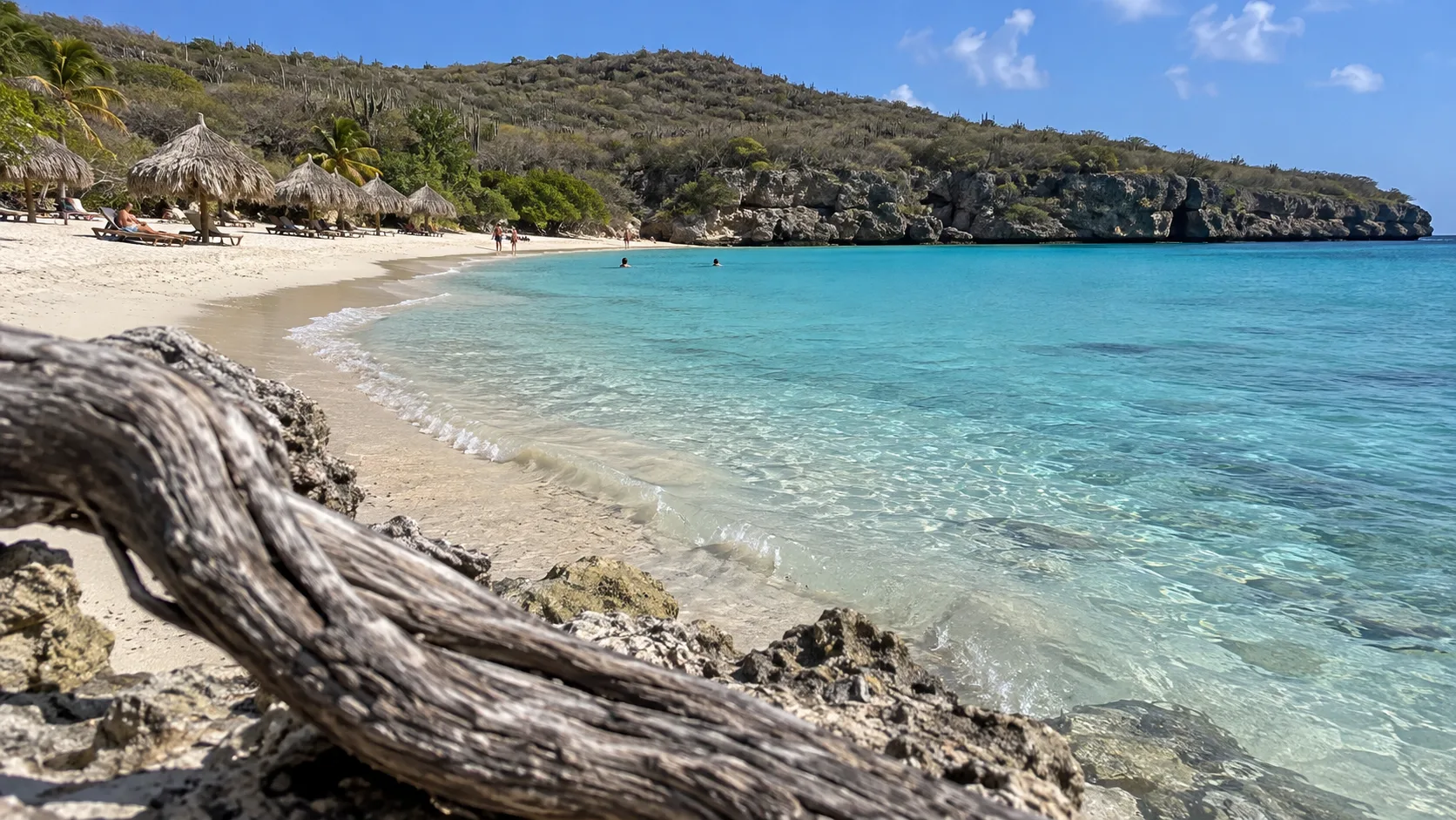 Curving white beach, turquoise water, and thatched palapas at Cas Abao in Curaçao