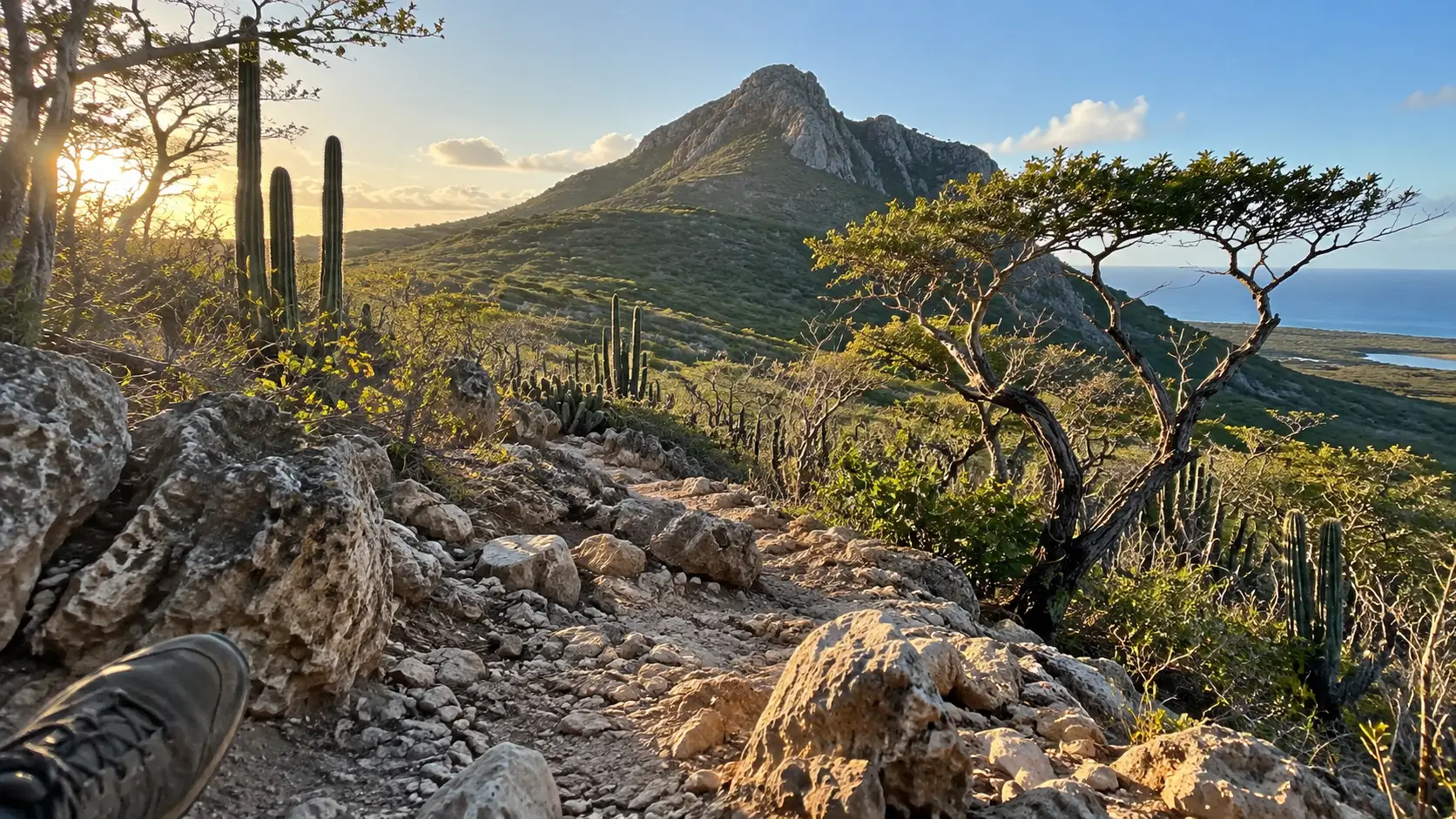 Rocky hiking trail through cacti toward Mount Christoffel in Curaçao at sunrise