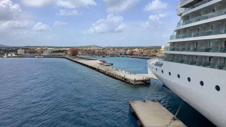 Cruise ship docked beside a colorful waterfront