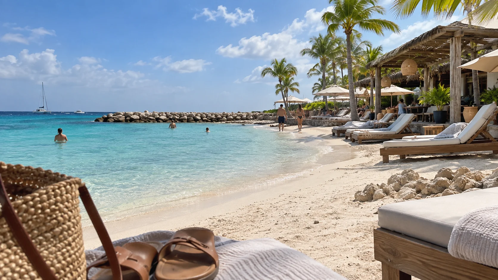 Calm turquoise water, loungers, and a shaded beach club along Mambo Beach in Curaçao