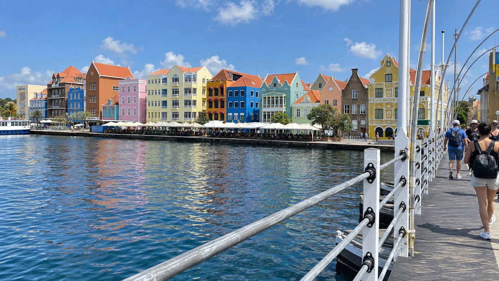 Colorful Handelskade waterfront viewed from the Queen Emma Bridge in Willemstad, Curaçao