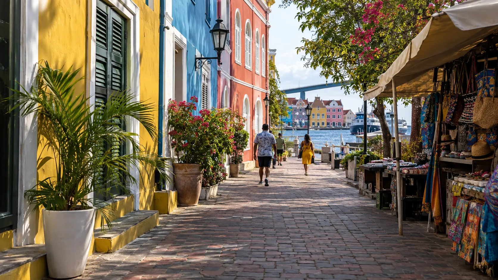 Colorful historic lane leading toward the harbor in Willemstad, Curaçao
