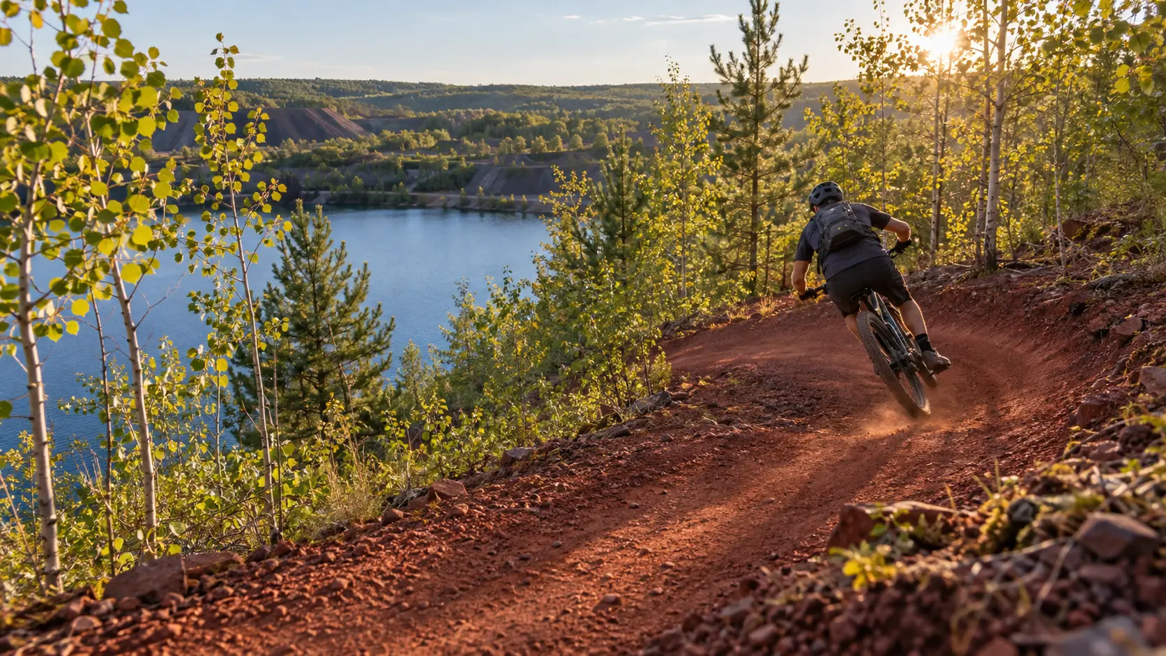 Mountain biker carving a red-dirt trail above a blue mine lake at Cuyuna