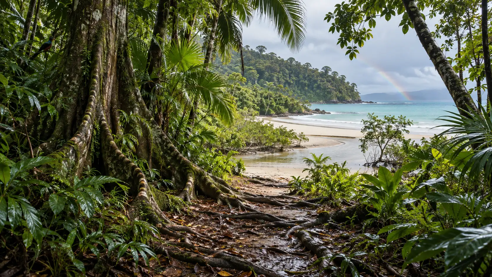 Wet Daintree rainforest opens onto an empty tropical beach and rainbow near Cape Tribulation.