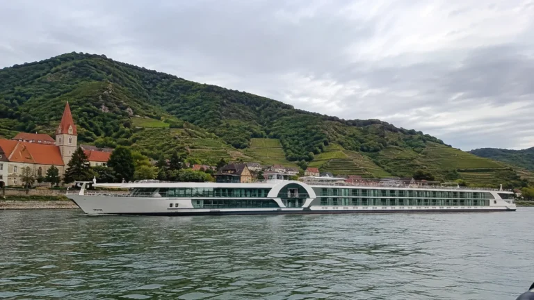 Long river cruise boat passing a village and green hillside.