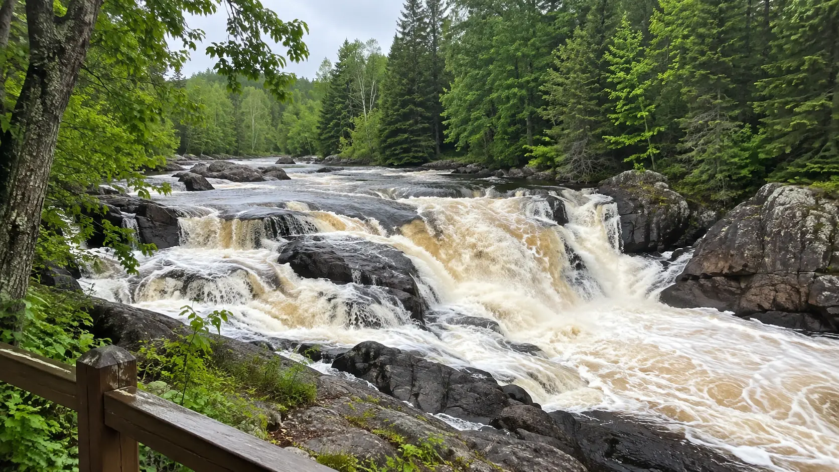 Dave’s Falls rushes over dark bedrock through green forest near Amberg, Wisconsin.