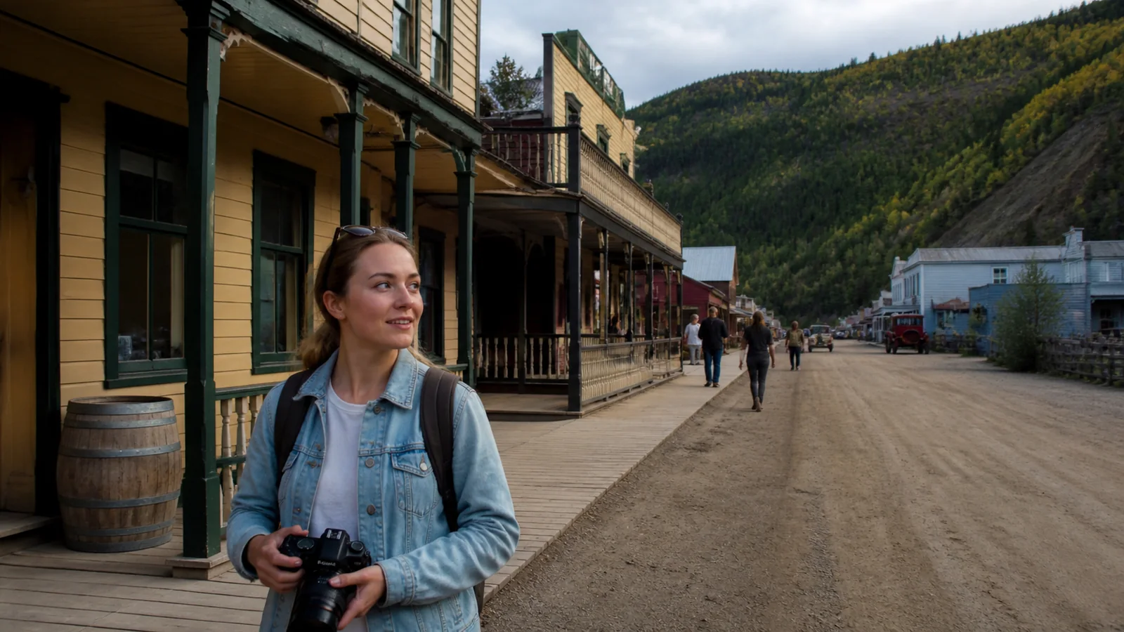 Traveler stands on a dirt street lined with colorful wooden buildings.