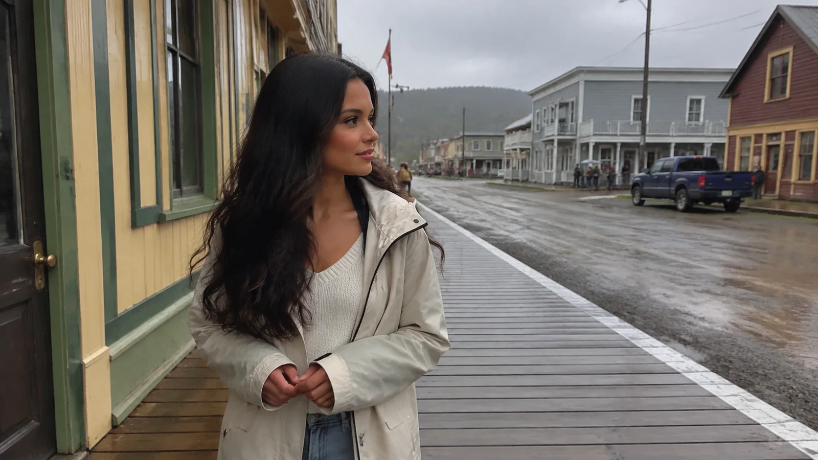 Woman walks along a wooden boardwalk beside historic storefronts.