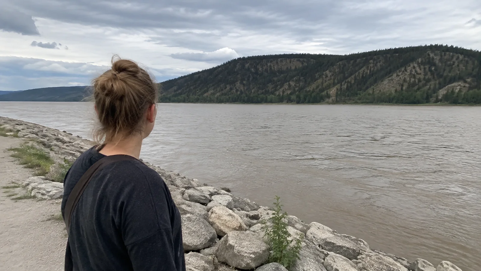 Traveler looks across a broad river toward wooded hills.