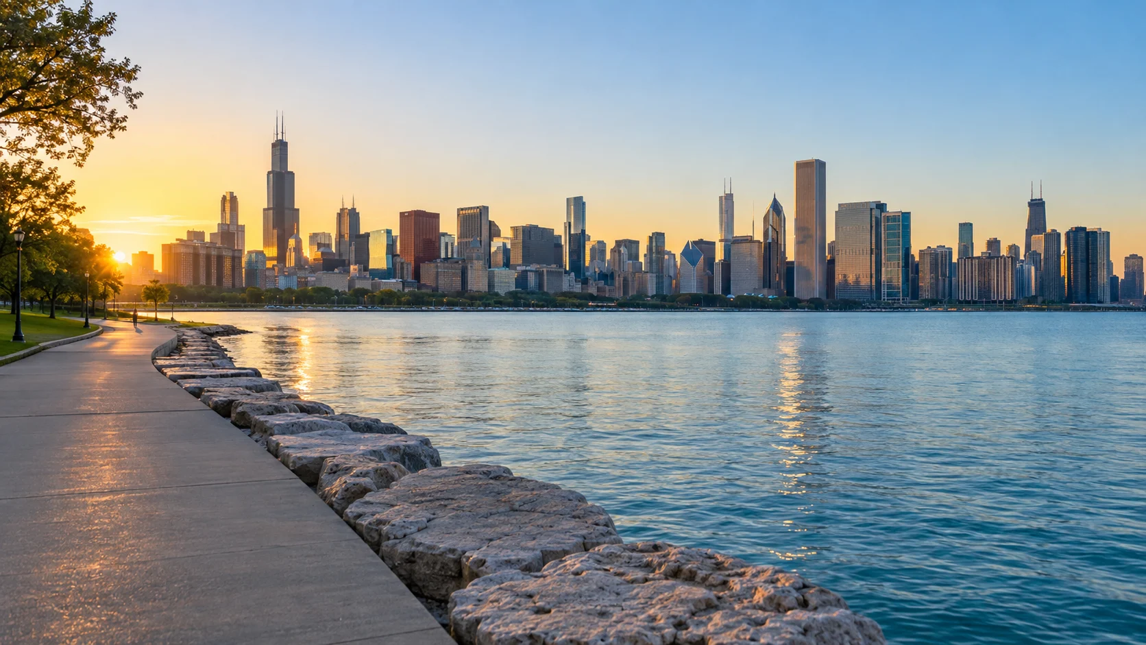 Chicago skyline glowing at sunrise beyond the Lake Michigan waterfront path