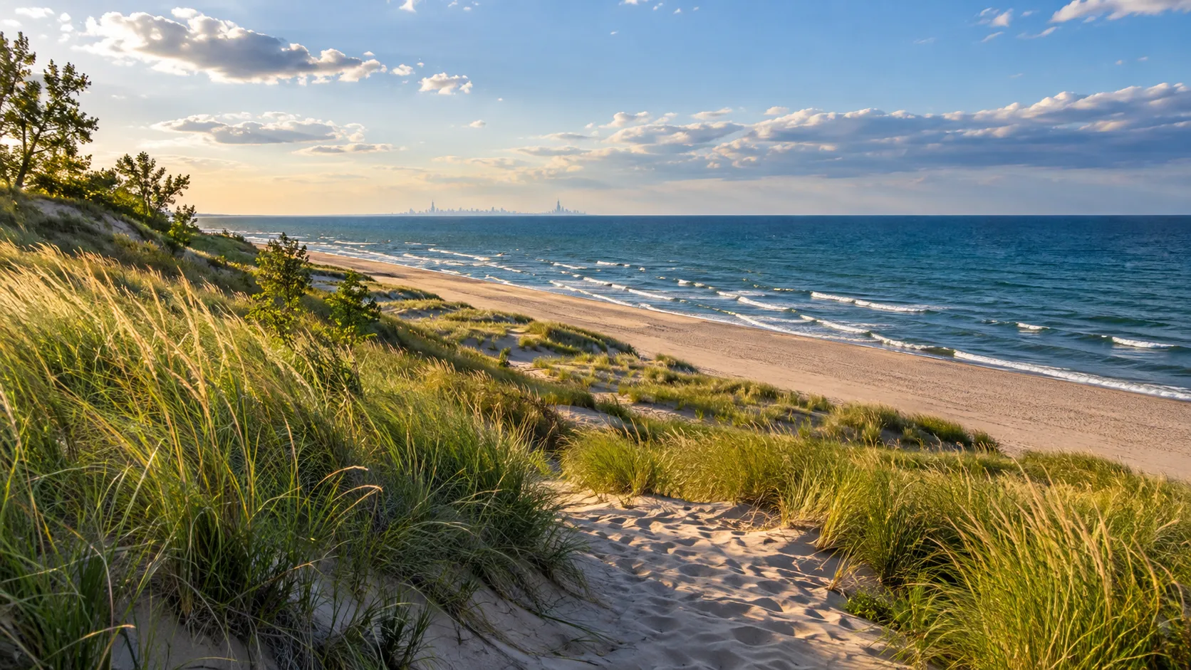 Grass-covered dunes descending to Lake Michigan at Indiana Dunes National Park