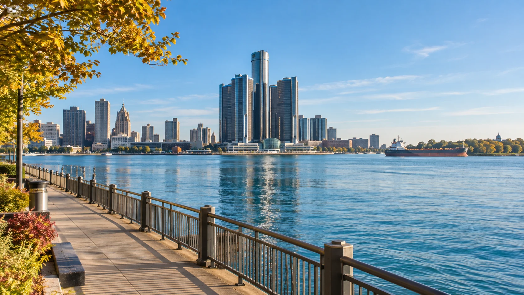Detroit skyline and a lake freighter across the calm Detroit River