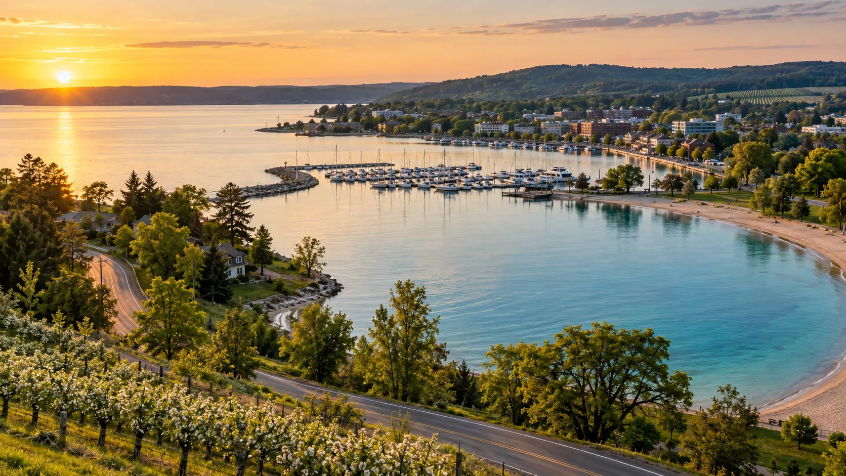 Grand Traverse Bay, marina and Traverse City waterfront at golden hour