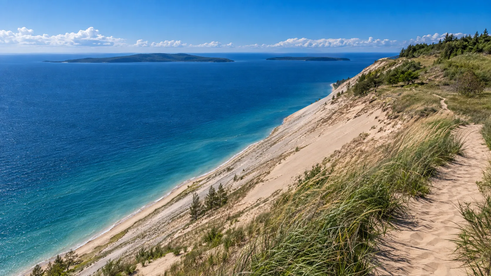 Steep sandy bluffs overlooking blue Lake Michigan at Sleeping Bear Dunes