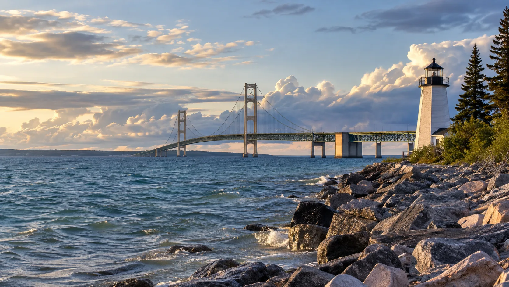 Mackinac Bridge spanning the Straits beside a white shoreline lighthouse
