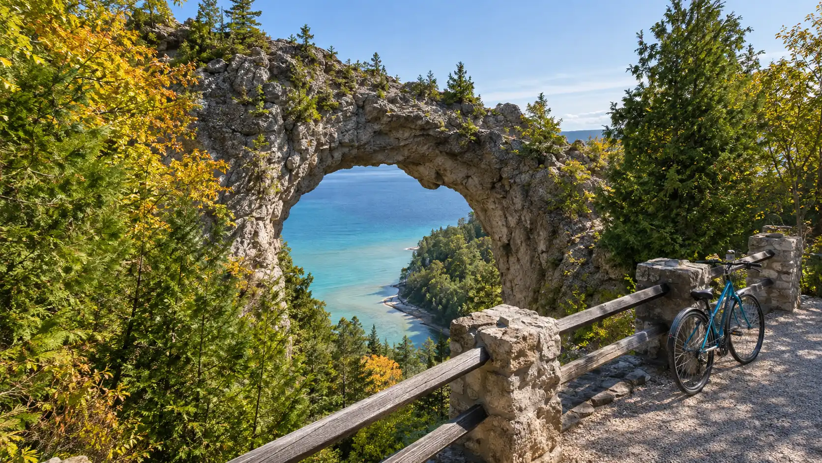 Arch Rock framing turquoise Lake Huron on car-free Mackinac Island