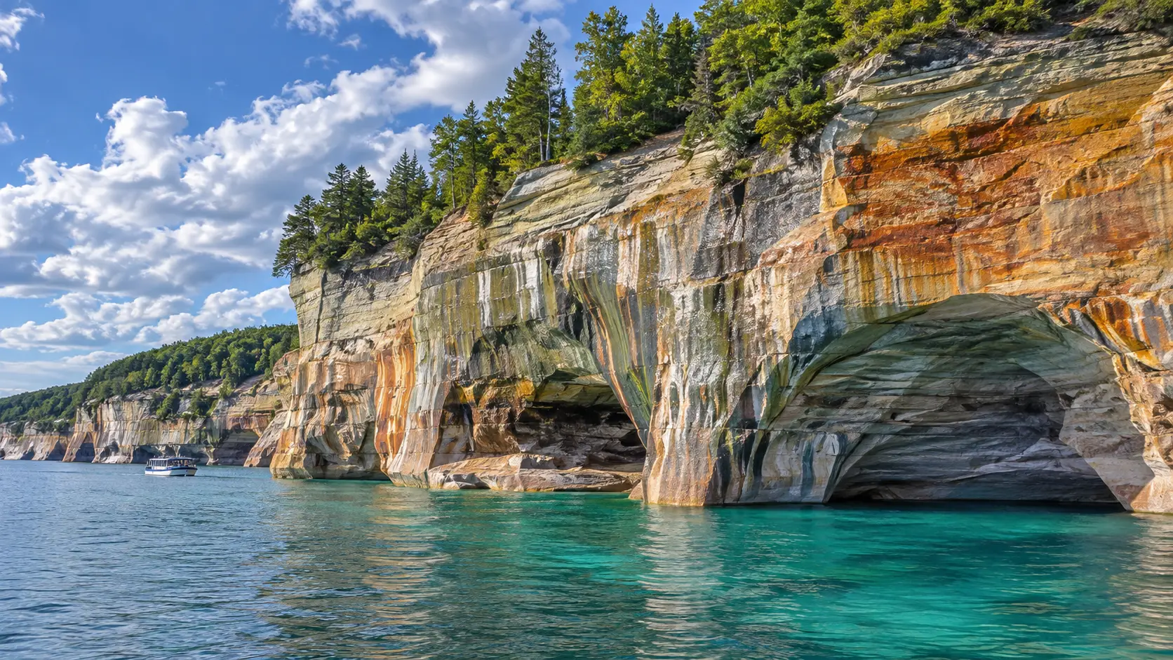 Colorful sandstone cliffs and clear turquoise water at Pictured Rocks