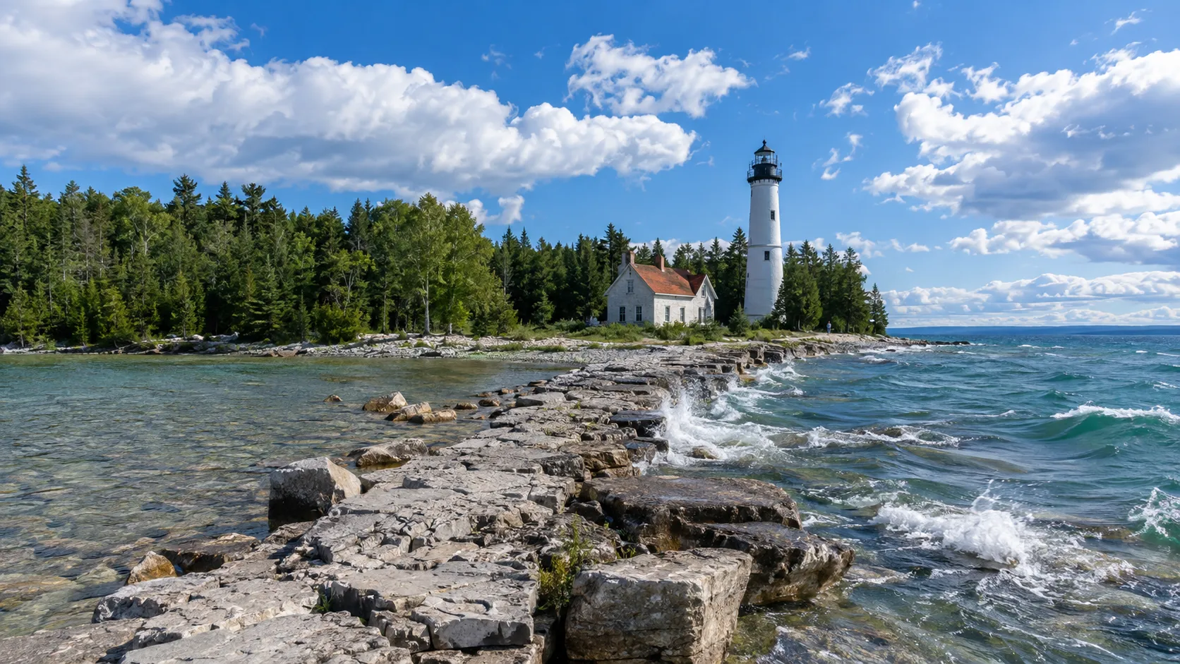 Stone causeway leading through Lake Michigan waves to Cana Island Lighthouse