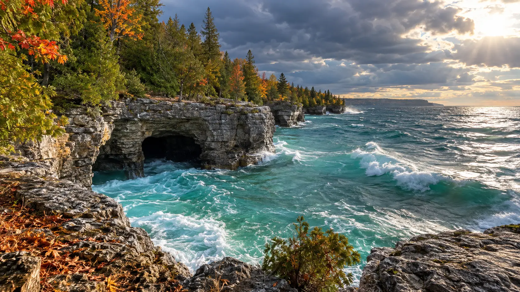 Turquoise waves surging into limestone sea caves at Door County's Cave Point