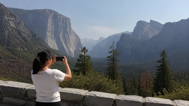 Visitor photographs a broad valley framed by granite cliffs and forest.