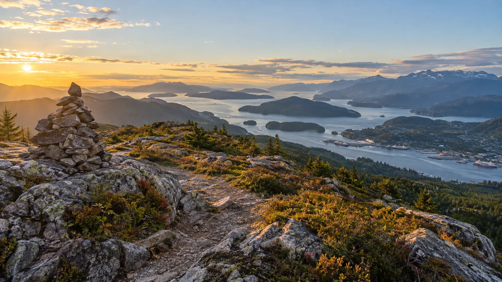 Sunset view over Ketchikan and forested islands from the rocky Deer Mountain ridge