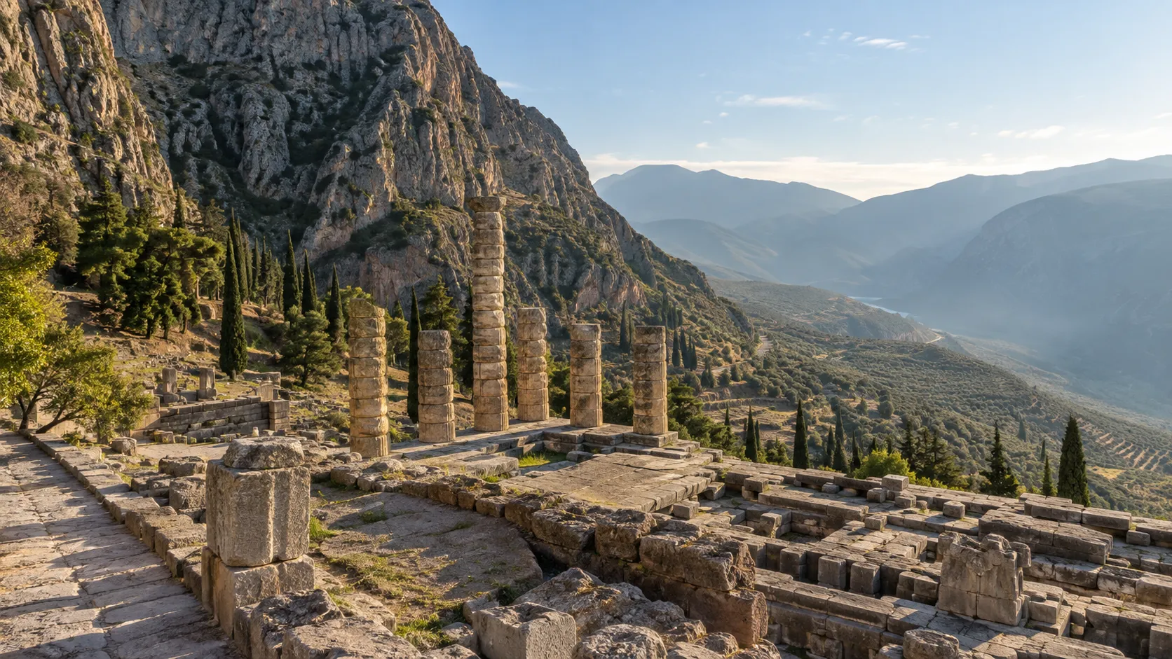 Temple of Apollo ruins at Delphi overlooking the Pleistos Valley beneath steep cliffs