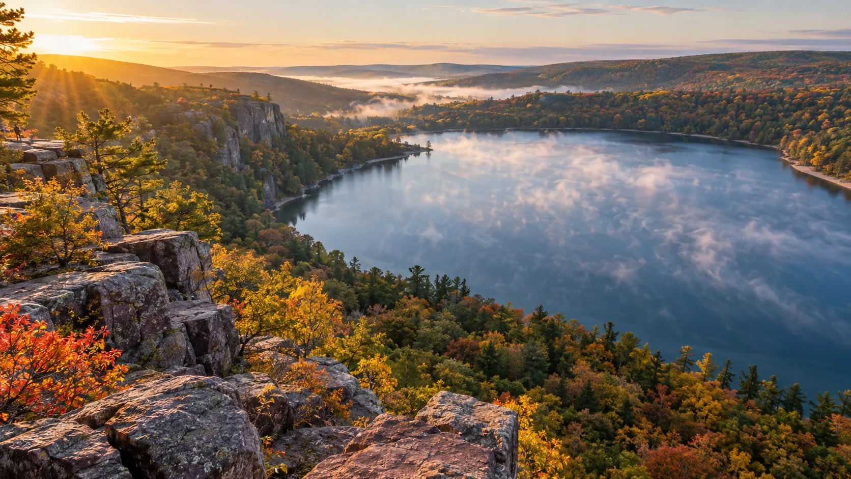 Autumn view from East Bluff over blue Devil's Lake and quartzite cliffs in the Baraboo Hills.