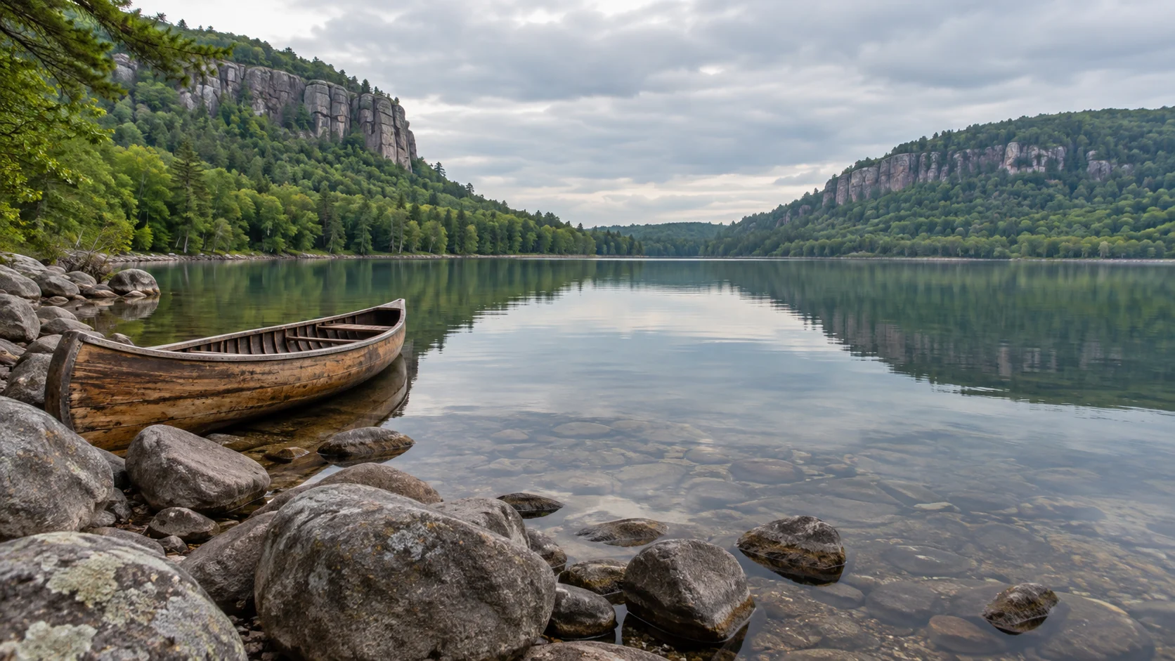 Calm Devil's Lake reflects forested quartzite bluffs beyond a rocky south shoreline and canoe.