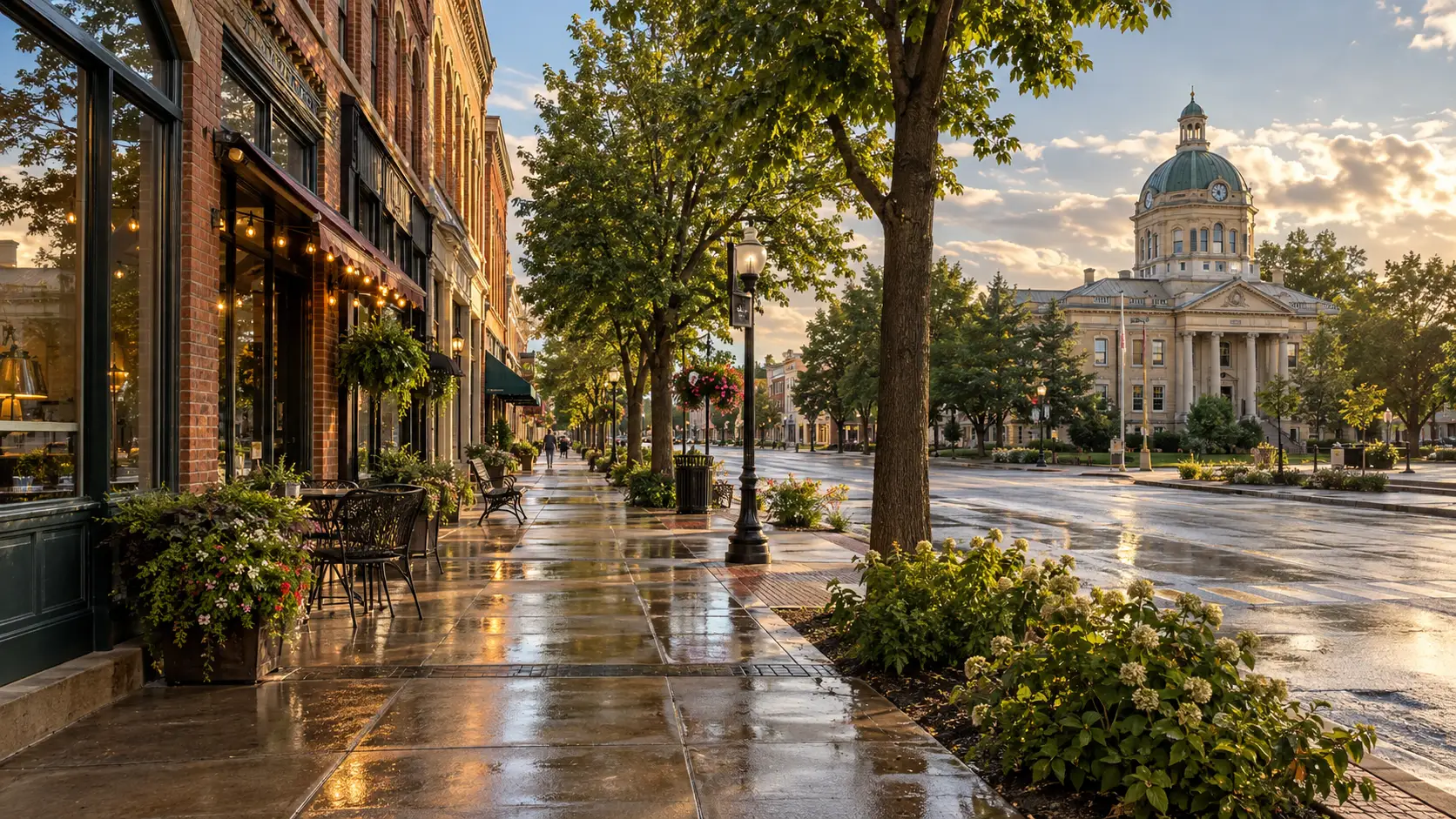 Historic red-brick buildings line a rain-washed street in downtown Baraboo.