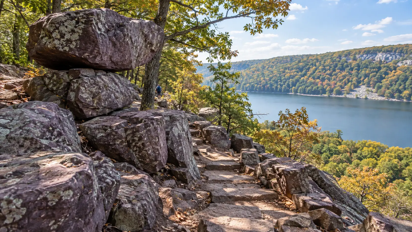 Quartzite boulders and stone steps frame a bluff-trail view of Devil's Lake.