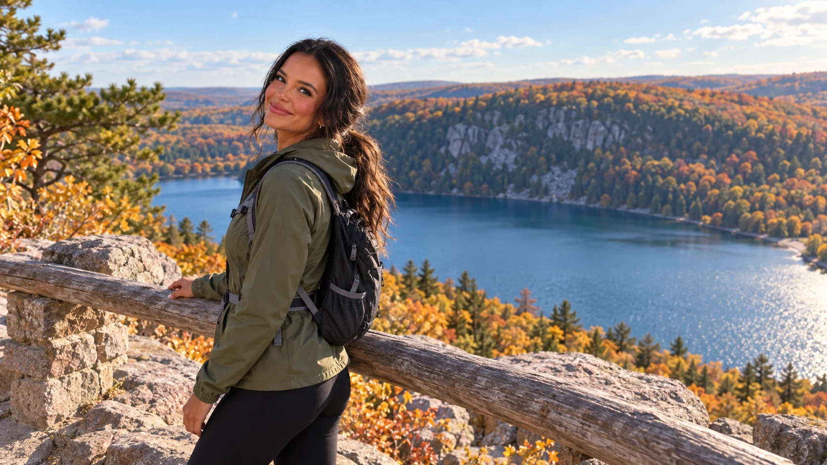 Ellie pauses at a quartzite overlook above blue Devil's Lake and colorful autumn forest.