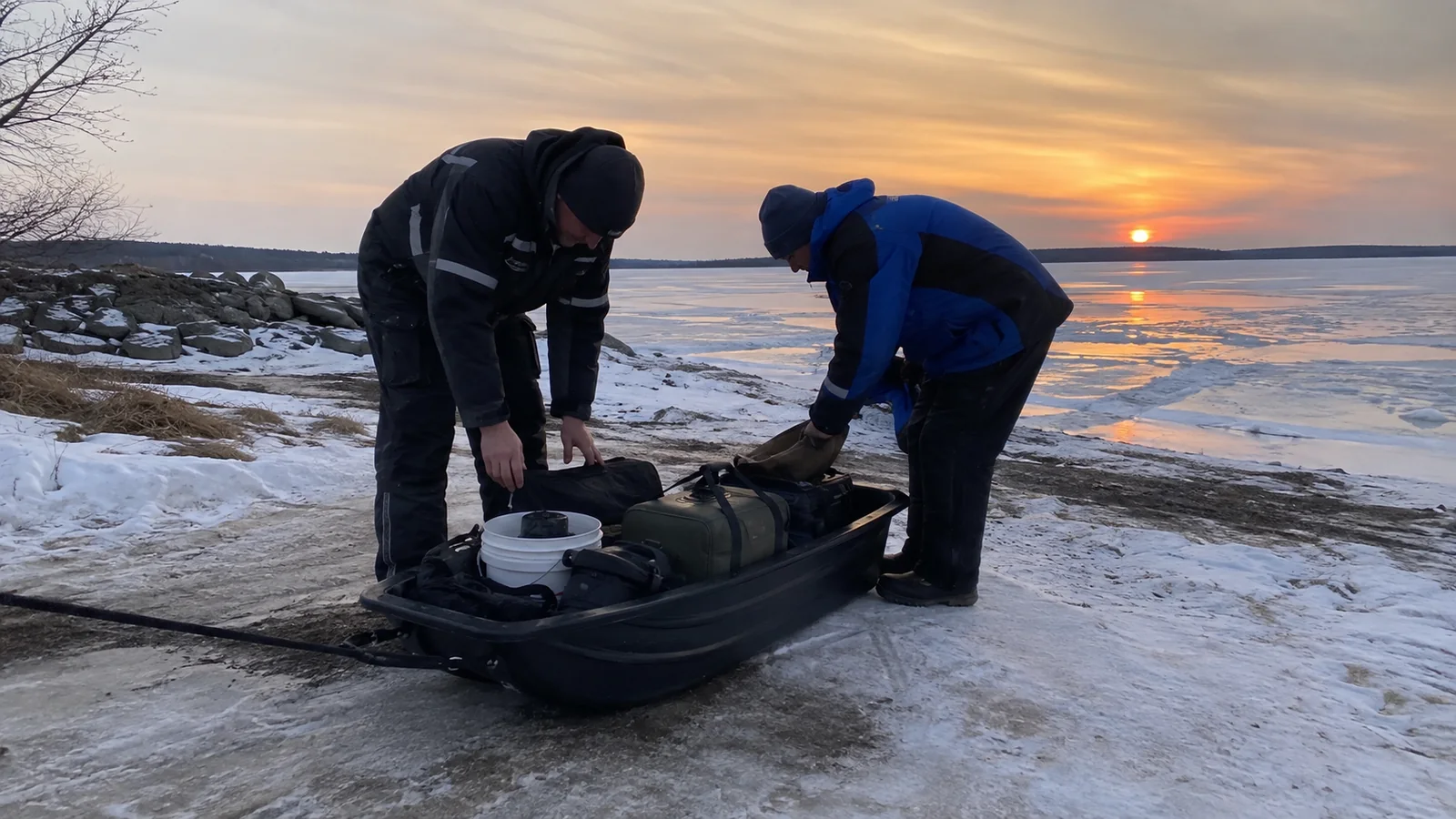Two anglers loading equipment onto a sled at sunset.