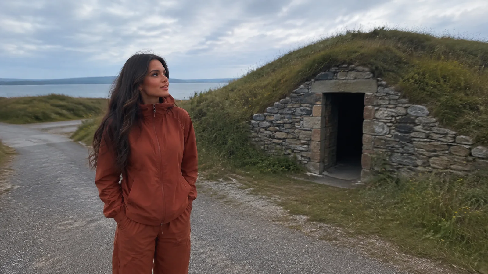 Woman beside an open stone cellar entrance on a coastal path.