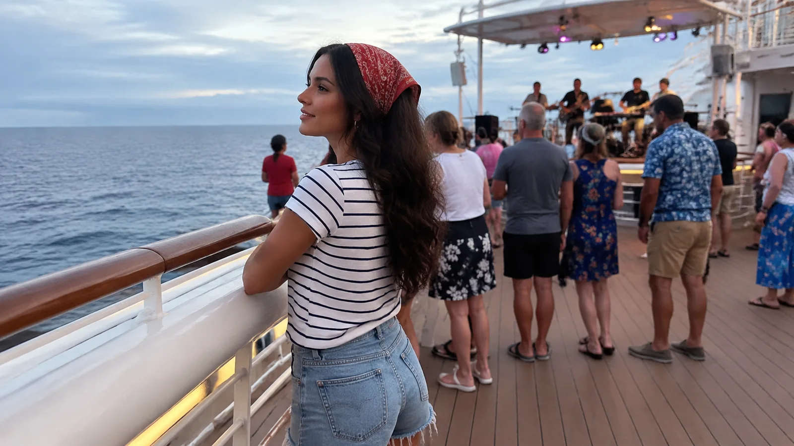 Disney cruise guest wearing a red pirate bandana near an evening deck party.