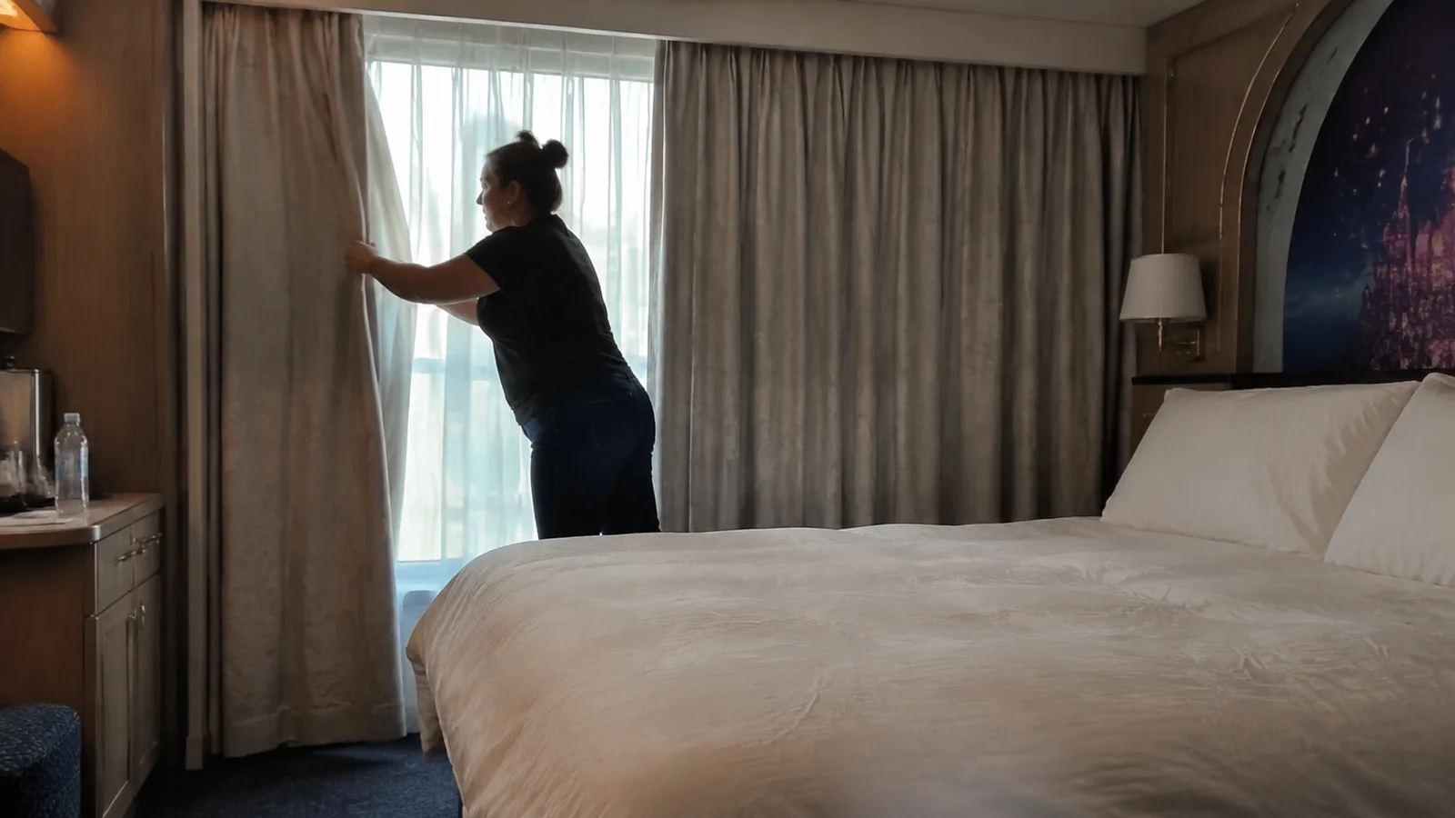 Woman adjusts curtains beside the bed in a softly lit stateroom.