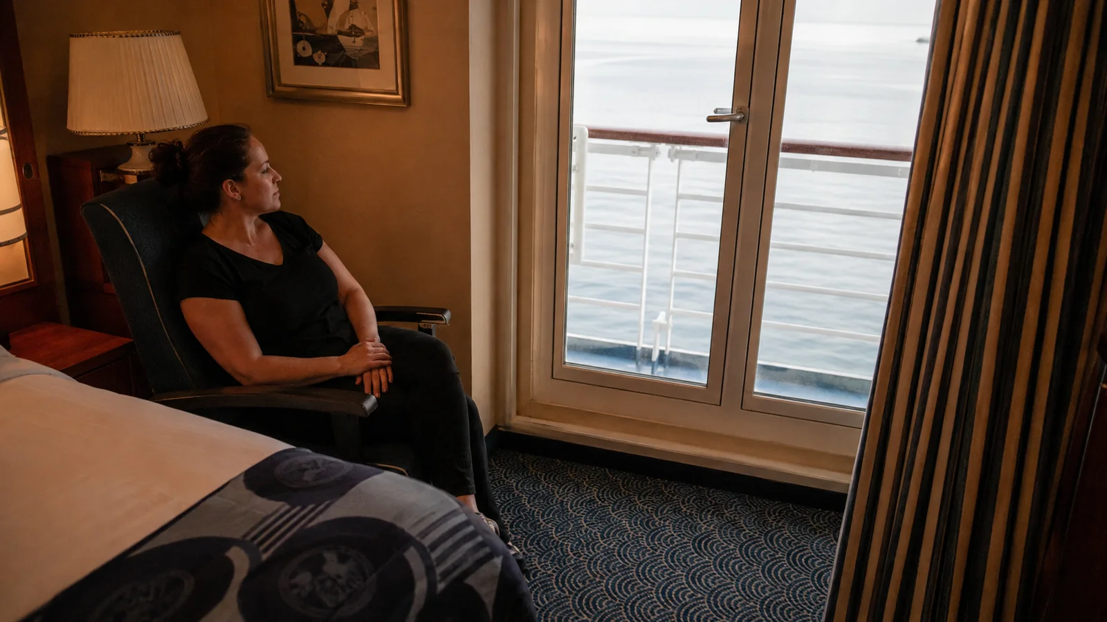 Woman seated in a cabin chair beside balcony doors overlooking the sea.
