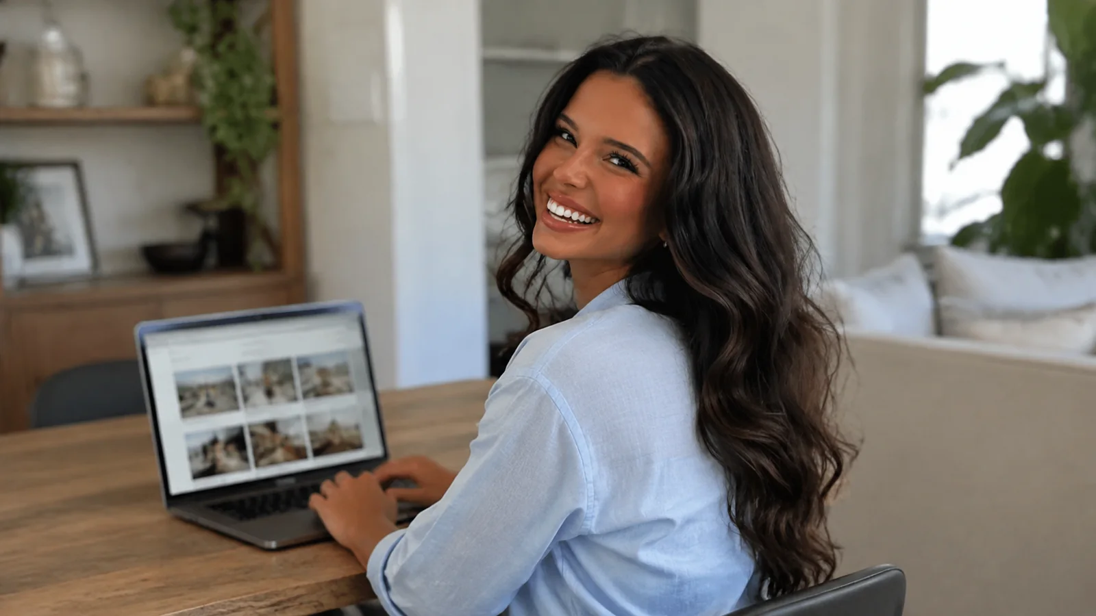 Woman turns from a laptop displaying a grid of pictures.