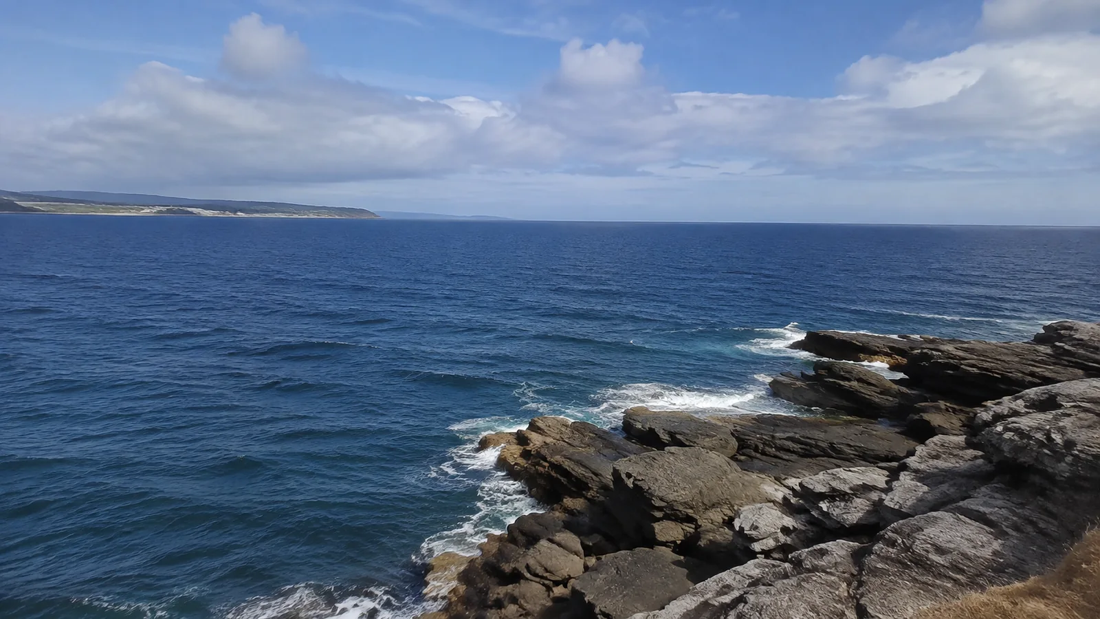 Blue ocean extending beyond a rugged layered rock shoreline.
