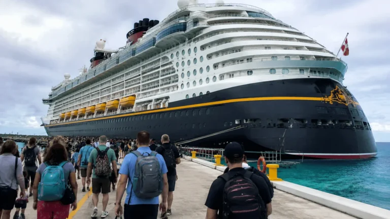 Large cruise ship docked as passengers walk toward it