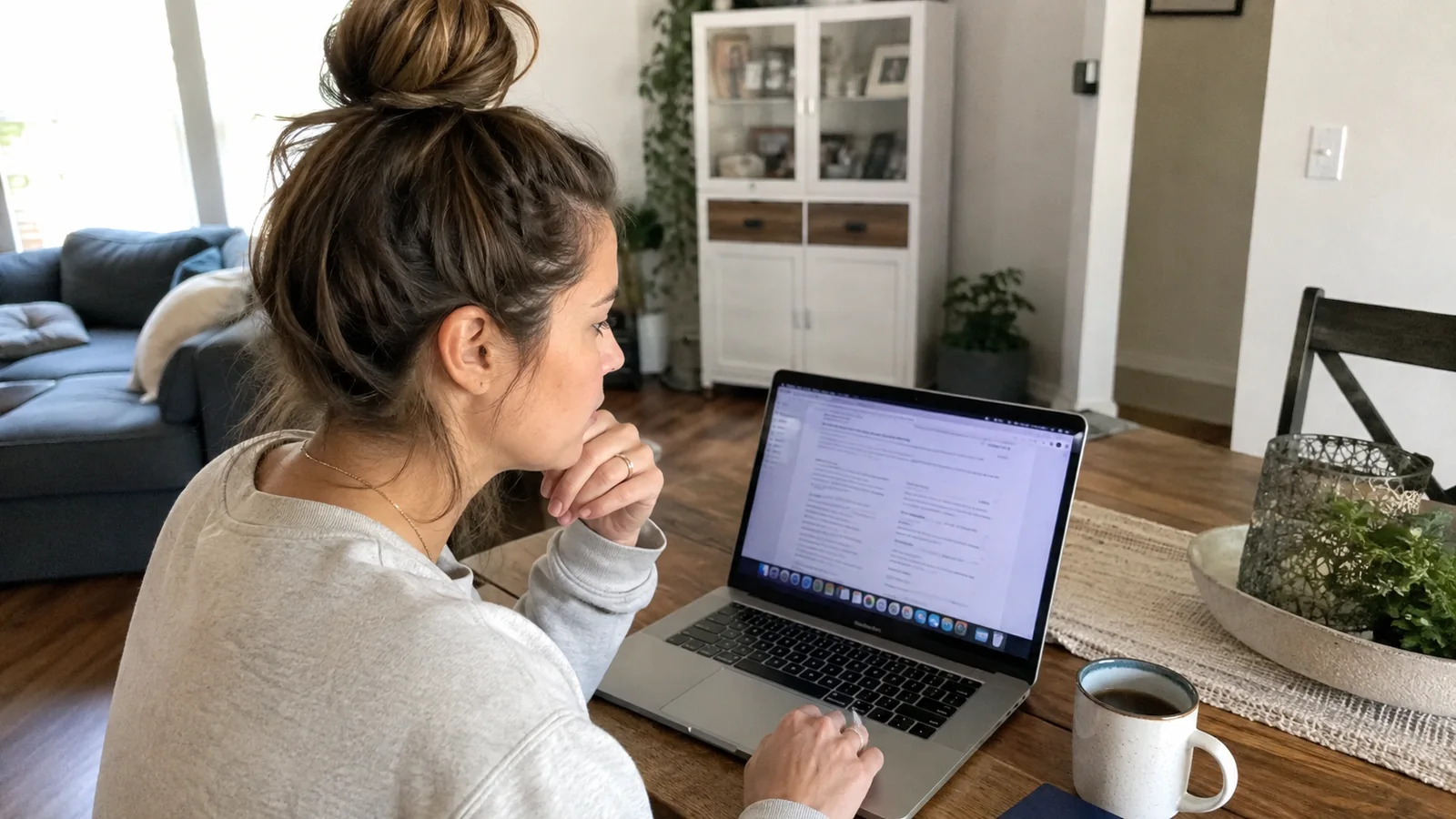 Traveler reviewing information on a laptop before a trip.