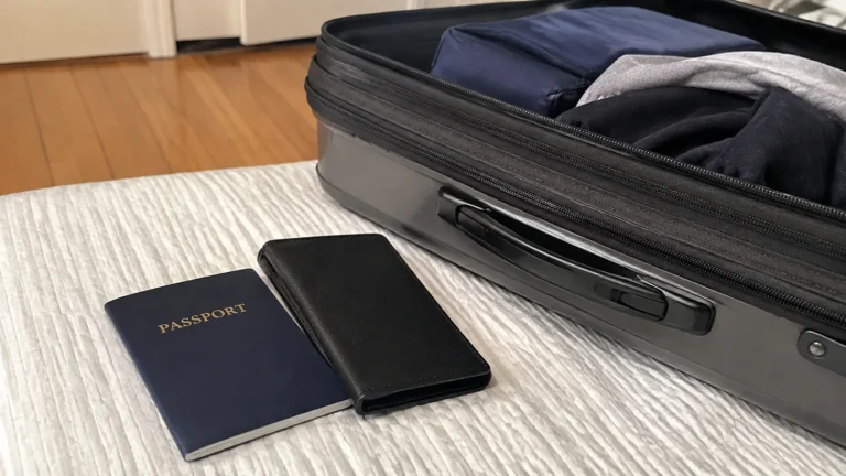 Passport and black document wallet beside an open suitcase.