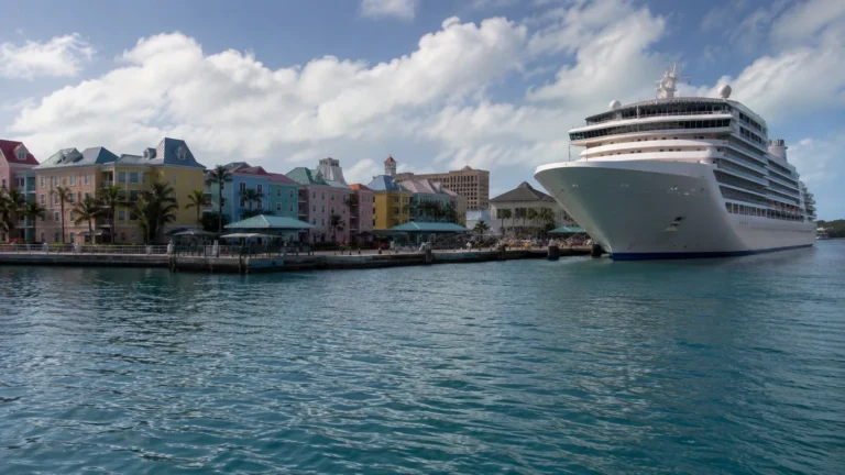 Cruise ship docked beside colorful waterfront buildings.
