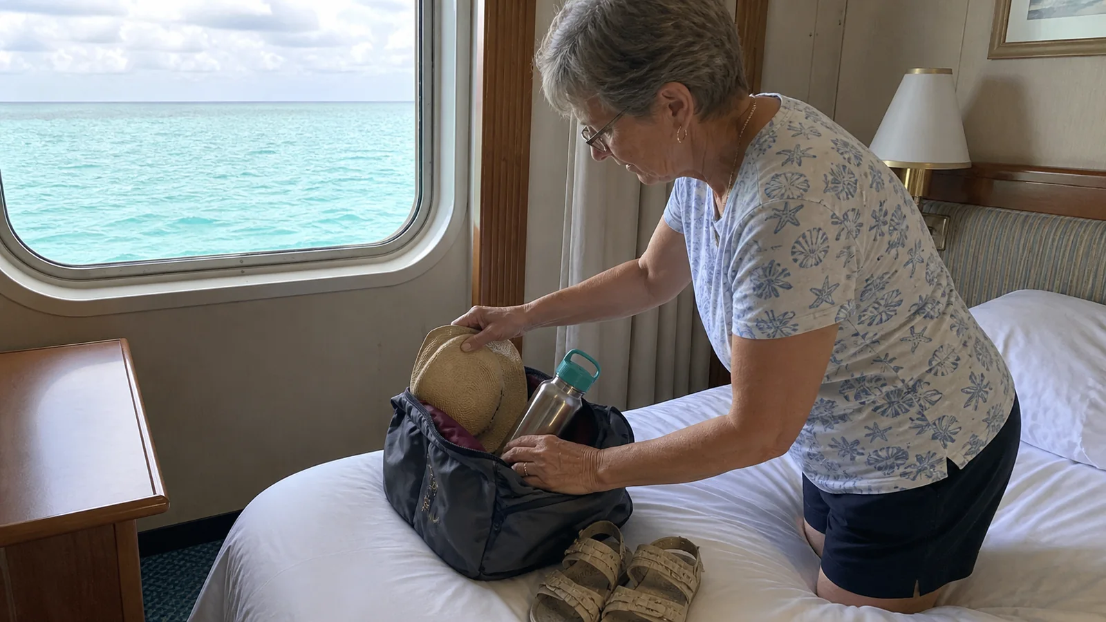 Passenger packing a sunhat and bottle into a day bag inside a cabin.