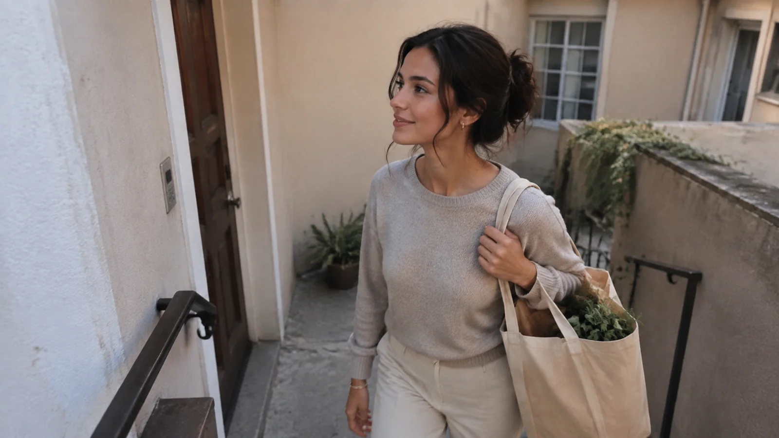 Woman carrying a grocery tote up steps beside a pale apartment building.