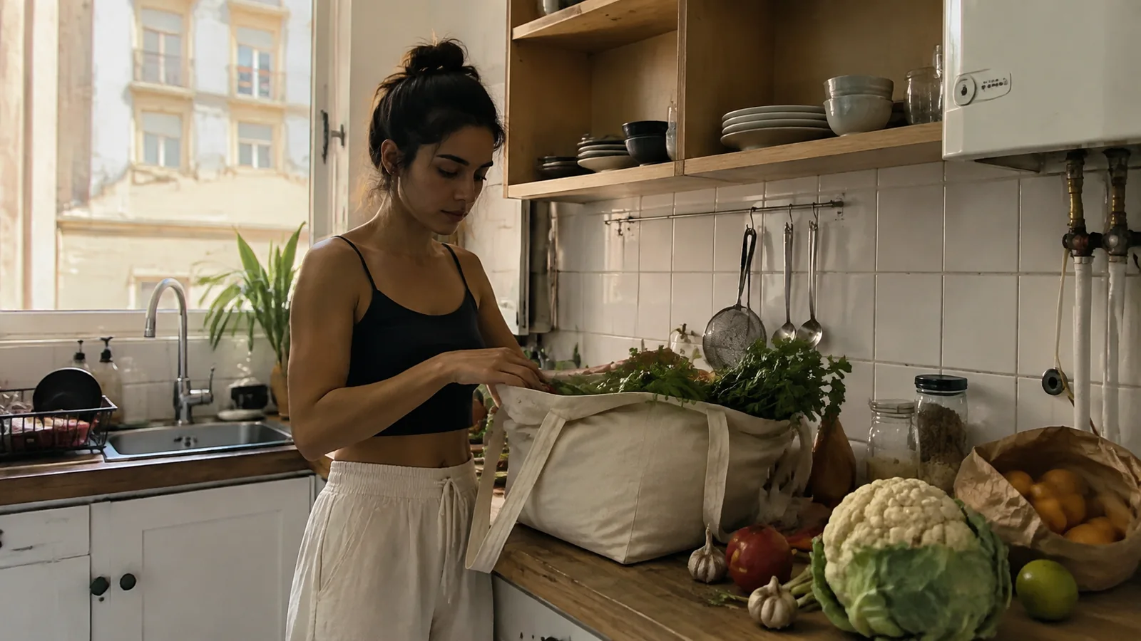 Woman unpacking vegetables from a cloth shopping bag in a small kitchen.
