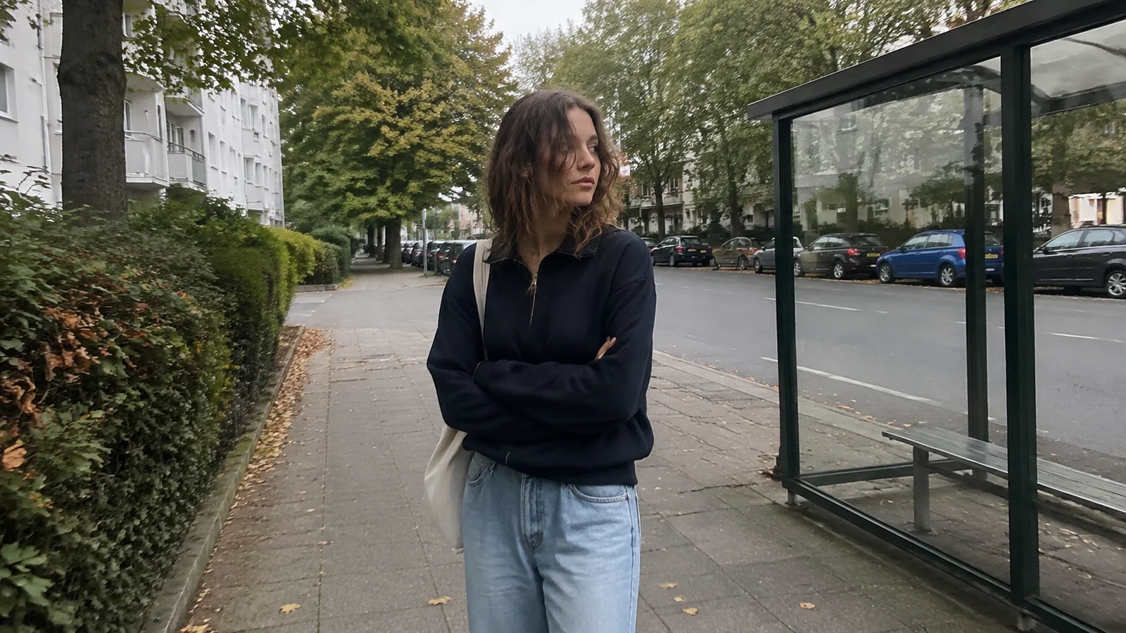 Woman waiting beside a glass bus shelter on a leafy residential street.